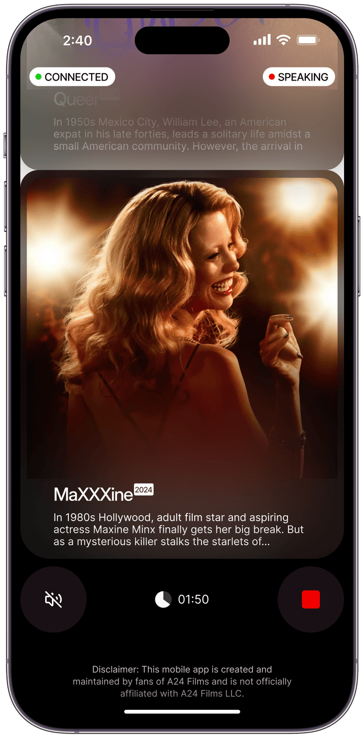 Screenshot of the AI24 app in the connected state